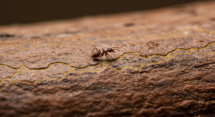 Ant Navigating The Grooves of Tree Bark In Search of Resources