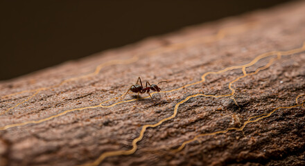 Fototapeta premium Ant On The Textured Tree Bark With An Interesting Pattern Design