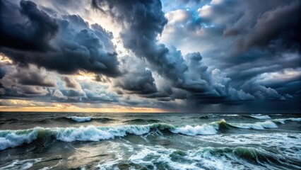 Obraz premium Dark grey storm clouds are gathering over the turbulent sea, with winds whipping up waves and spray flying high into the air , cloudy sky, windy weather