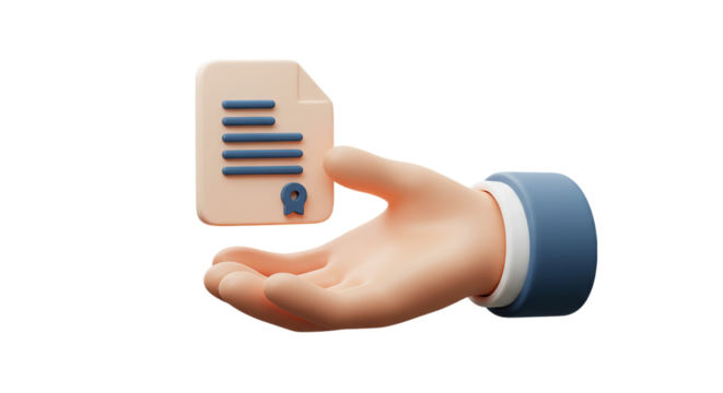 A hand holding a document with lines and a seal representing agreement or contract on black background