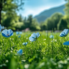 Delicate blue flowers in a grassy meadow under a bright sky. Lush green grass surrounds vibrant blossoms. Peaceful serene natural scene