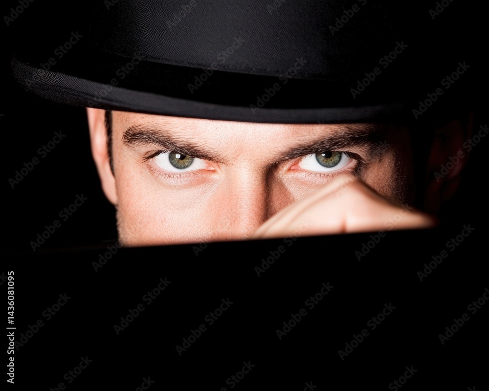 Poster close up man with mysterious stare under hat shadow with artistic lighting creating sense of tension