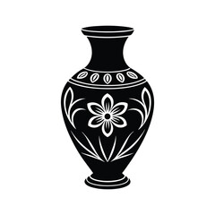 Silhouette art illustration of a vintage ceramic vase with ornate floral carvings.eps