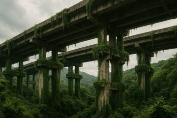Overgrown Brutalist Bridge Surrounded by Lush Greenery in Nature