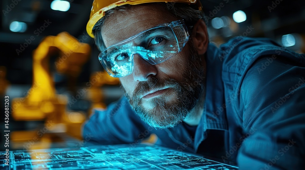 Poster engineer analyzing digital screen in modern factory with robotic arm