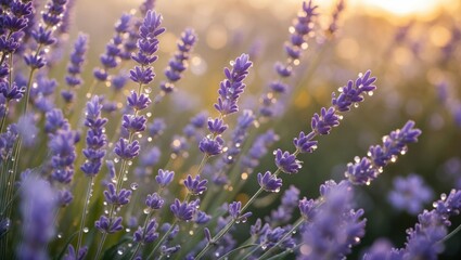 Blooming Lavender with Dewdrops in the Morning Light Garden