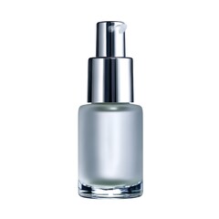 A soap dispenser with a silver pump, isolated on a white background