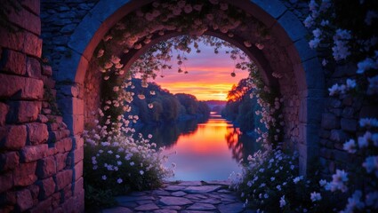 Fototapeta premium River View Through Stone Archway with Flowers at Dramatic Sunset