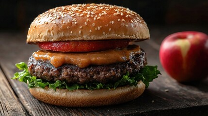 Juicy beef burger with fresh lettuce tomato cheese and sauce in a sesame seed bun served on rustic wooden table with in background