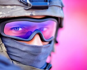 Tactical person in goggles and face mask dressed in grey gear with focused eyes in cold environment suggesting military readiness alertness and precise surveillance