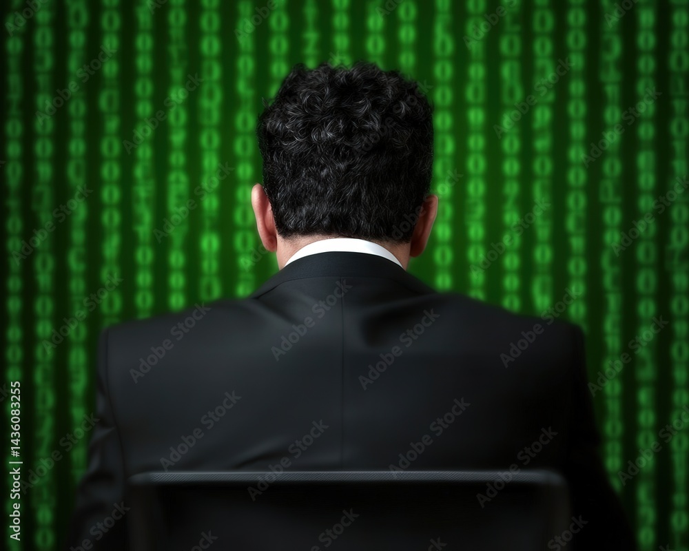 Aufkleber man in black suit facing green matrix code wall from behind with mystery atmosphere indicating cyber