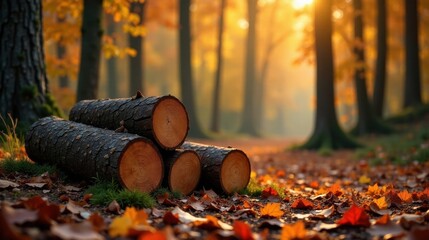 Obraz premium Autumnal Forest Path with Stacked Logs at Golden Hour