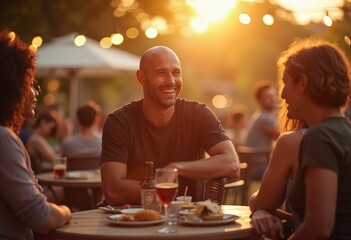 young bald man laughing with friends at an outdoor cafe. warm sunset light, shallow depth of field (3)