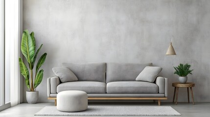 Modern Living Room with Sofa, Side Table and Potted Plants