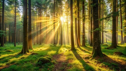 Fototapeta premium Forest scene with sunlight filtering through trees, creating a warm glow on the forest floor, lighting