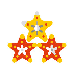 Obraz premium Brightly colored starfish decorations arranged playfully on a white background evoke a sense of fun and celebrate marine life