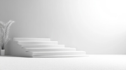 White Staircase Display Plant Minimalist Style Soft Lighting Wide Angle Clean Lines Product Presentation Empty Room Neutral Tones Ideal for Mockups