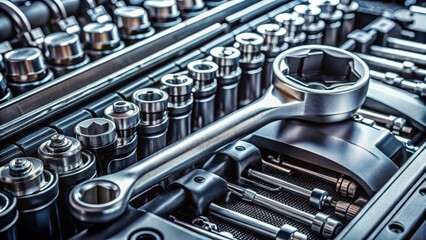 Fototapeta premium Close-up of engine block with socket wrench and ratchet handle, mechanical, automotive, mechanical, automotive, industry