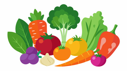 Fresh vegetables and fruits set includes tomato, pepper, carrot, onion, cucumber, pumpkin, cabbage, garlic, salad, broccoli, paprika, and eggplant illustrations