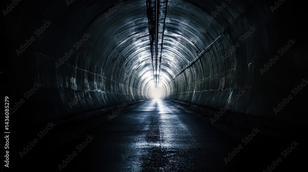 Poster empty dark tunnel illuminated by soft light, minimalist mysterious passageway concept