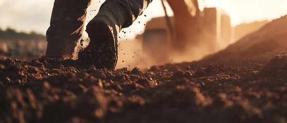 Construction Worker Walking on Dusty Terrain