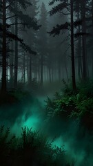Obraz premium Misty Forest Scene with Lush Greenery and a Hint of Ethereal Light Filtering Through