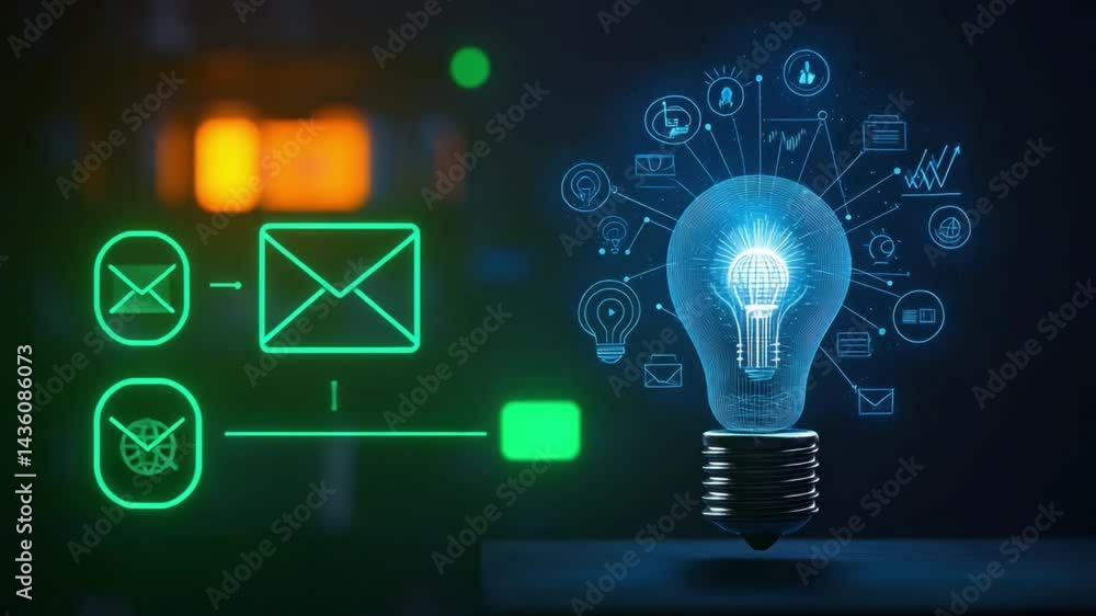 Poster futuristic light bulb design with glowing digital icons representing innovation and technology conce