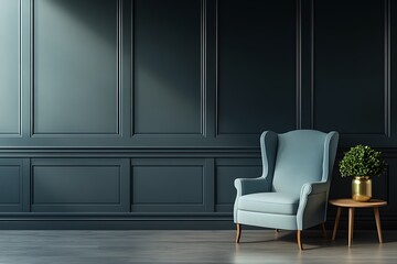 Wingback Chair near Round Table with Potted Plant against Dark Blue Panelled Wall