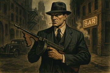 Fototapeta premium Classic Gangster Illustration in Urban Setting with Vintage Style