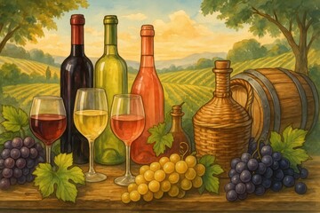 Obraz premium Colorful Wine Bottles and Glasses Set in Vineyard Landscape Art