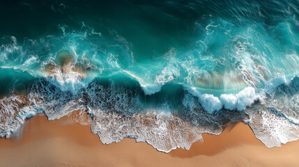 Fototapeta premium Top view of ocean waves crashing on a tropical beach. Summer vacation and coastal landscape concept.