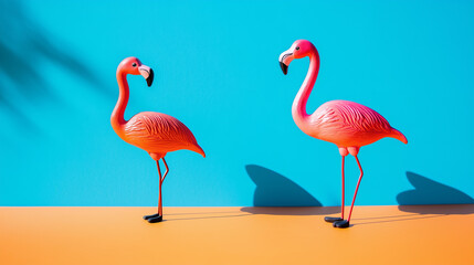 Obraz premium Two cheerful flamingo toys on bright orange and blue background with soft shadows, sunny day optimistic composition, f/4.0 aperture