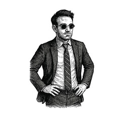 Engraved Stylish Man in Suit – Vintage Fashion Illustration, drawn in an engraved, woodcut style with fine details sketch engraving vector illustration. Scratch board imitation. Black and white image.