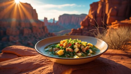 Stew Served Outdoors Red Rock Desert Landscape with Dramatic Sunlight