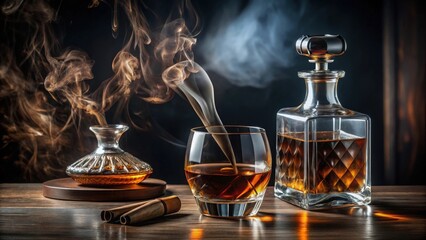 Aromatic amber liquid in crystal decanter and glass, with swirling smoke, rests on a rich wooden surface, accompanied by elegant accessories.