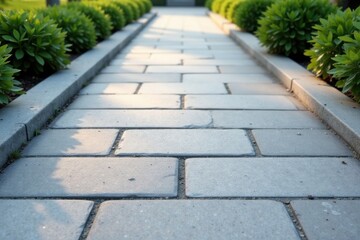 Serene Pathway Sunlit Stone Walkway Lined with Lush Green Shrubs, Creating a Peaceful and Tranquil Ambiance