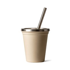 A reusable beige coffee cup with a stainless steel straw, isolated on a clean white background