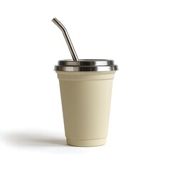 A reusable beige coffee cup with a stainless steel straw, isolated on a clean white background