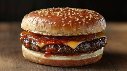 Delicious cheesy beef burger with crispy bacon, fresh lettuce, tomato, pickles, and sesame seed bun on rustic wooden background