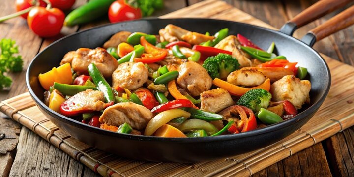 Sizzling chicken and mixed vegetables stir-fry in a skillet , cooking, food,  cooking