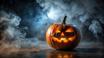 A jack o lantern with an orange face carved into a spooky expression on a black background
