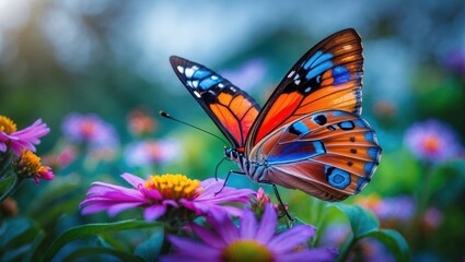 Fototapeta premium Butterfly Resting on Flower with Vibrant Colorful Wings in Garden