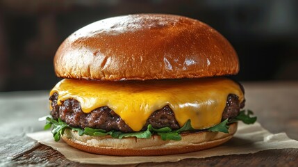 Close-up of a juicy cheeseburger with melted cheese fresh lettuce and a toasted bun on a rustic wooden surface with a blurred background