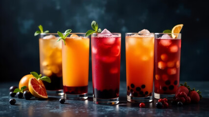 Fototapeta premium bubble tea drink in glass styles, set against a dark, moody background. The contrast highlights the drinks, copy space