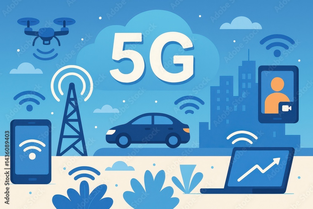 Aufkleber 5g network visualization with modern technology elements and devices