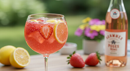 Rose wine in a glass with fruits