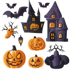 A halloween themed illustration featuring pumpkins bats and haunted houses on a transparent background