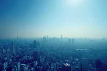 Cityscape shrouded in hazy blue light