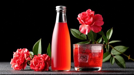 Refreshing Rose Beverage with Fresh Flowers on Dark Background