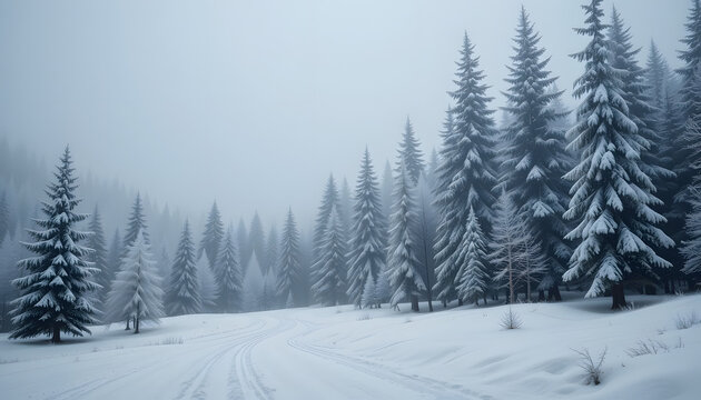 Winter forest landscape snow scene pine trees foggy mountain nature view